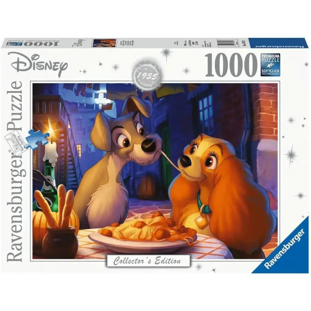 Puzzle ravensburger da 1000 pezzi raffigurante lilli e il vagabondo in una scena romantica dal celebre film disney