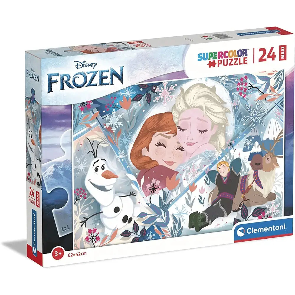 Puzzle maxi frozen disney 24 pezzi con elsa anna olaf e kristoff in paesaggio innevato con dettagli floreali