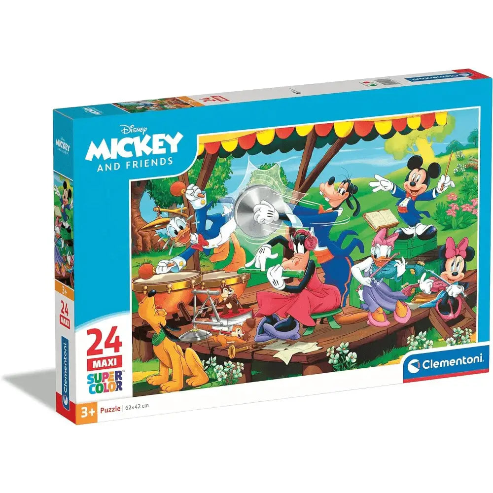Puzzle maxi supercolor disney mickey 24 pezzi con personaggi colorati che suonano musica sotto una tettoia