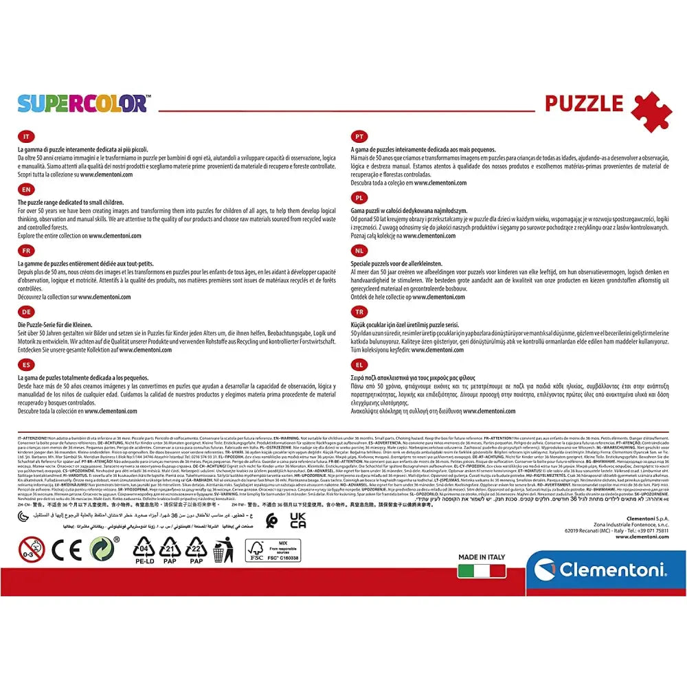 Scatola puzzle maxi supercolor disney mickey da 60 pezzi con descrizioni multilingue e loghi di certificazione