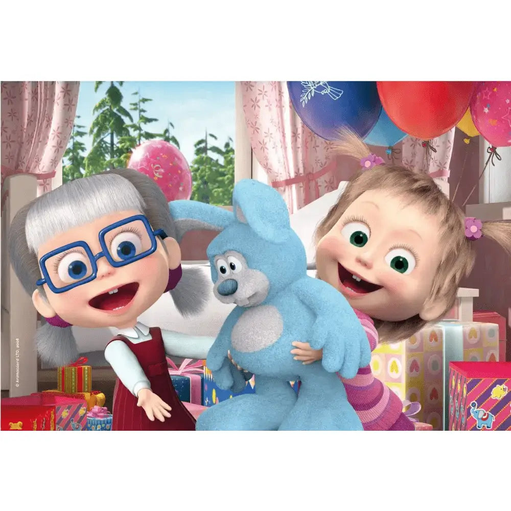 Blue plush bunny toy with gray snout held by children in festive room with puzzle maxifloor cartone animato masha