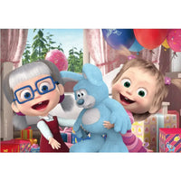 Blue plush bunny toy with gray snout held by children in festive room with puzzle maxifloor cartone animato masha