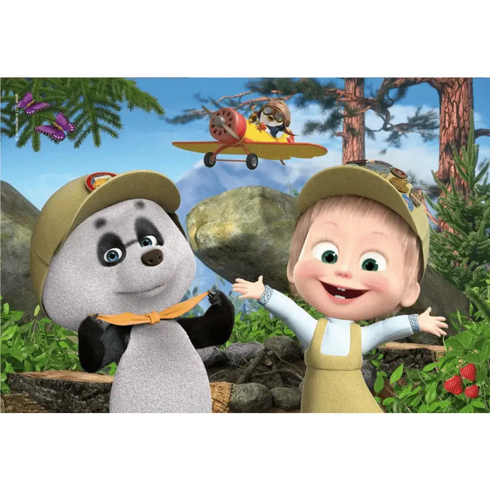 Puzzle maxifloor 2 x 12 con panda e bambino in cartone animato masha su sfondo foresta colorata con farfalle e aereo