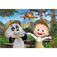 Puzzle maxifloor 2 x 12 con panda e bambino in cartone animato masha su sfondo foresta colorata con farfalle e aereo