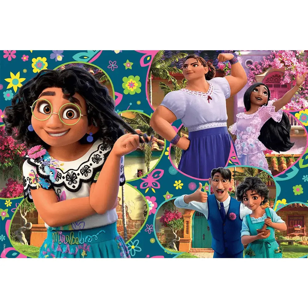 Puzzle maxifloor 2 x 60 con personaggi del film disney encanto e figura centrale con occhiali e abito ricamato colorato