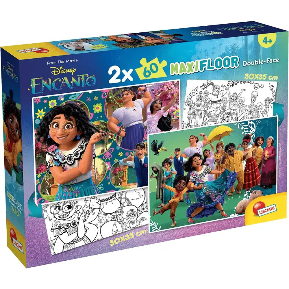 Scatola puzzle maxifloor double face film disney encanto con due puzzle da 60 pezzi colorati e pagine da colorare in bianco e nero