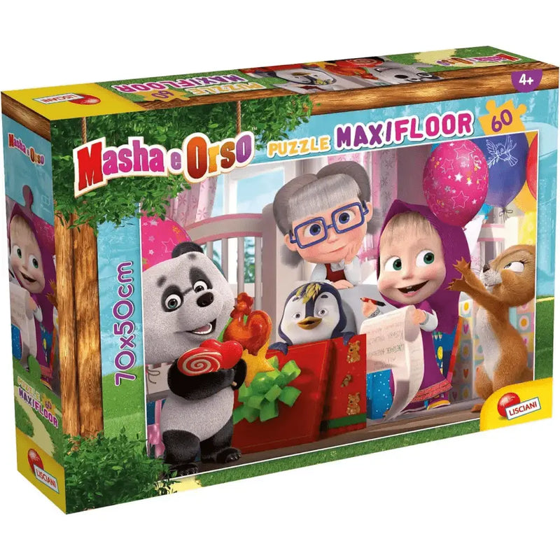 Puzzle maxifloor masha e orso 60 pezzi colorato con personaggi cartoon per bambini 4+ in scatola di legno