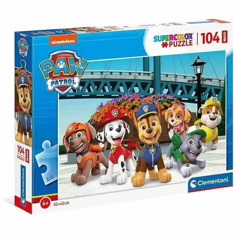 Scatola di cartone blu per puzzle paw patrol pezzi maxi da 104 con cani animati in uniformi colorate