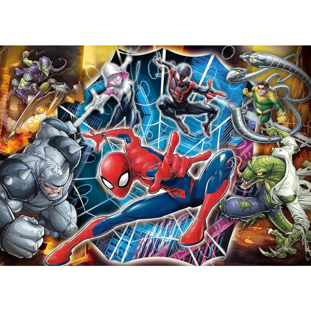 Action figure puzzle spiderman maxi supercolor rosso e blu in posa dinamica con lancia ragnatele nere 104 pezzi