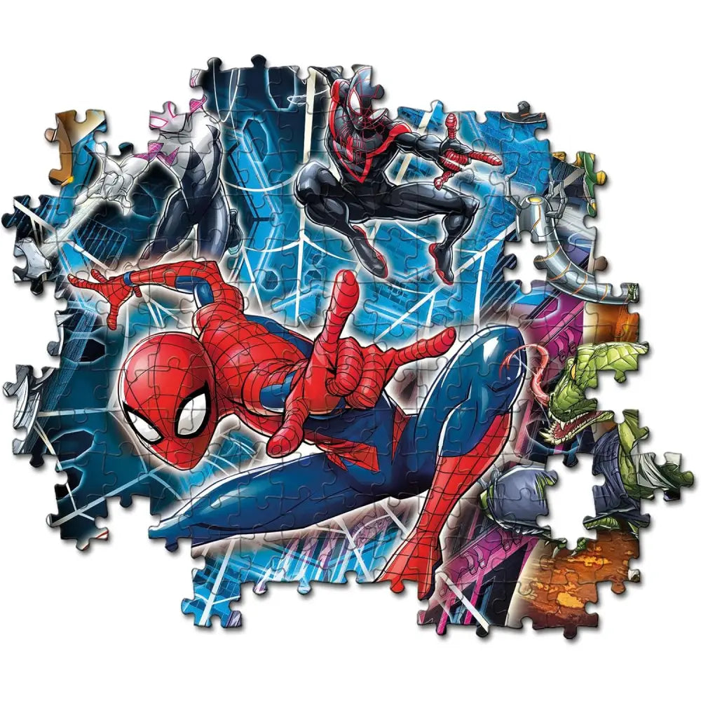 Puzzle spiderman maxi supercolor da 104 pezzi con eroi vivaci su sfondo blu con ragnatela