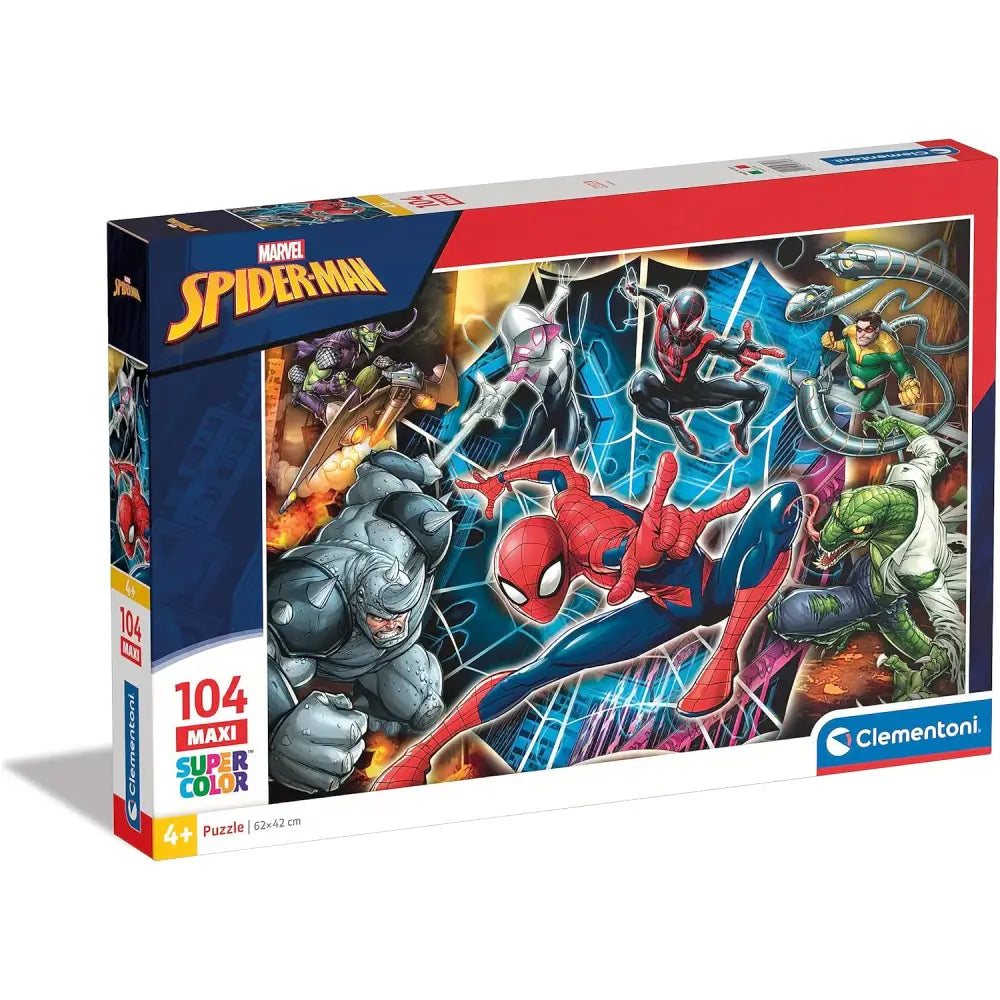 Scatola puzzle spiderman maxi supercolor 104 pezzi con illustrazioni vibranti di eroi e villain in pose dinamiche