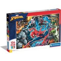 Scatola puzzle spiderman maxi supercolor 104 pezzi con illustrazioni vibranti di eroi e villain in pose dinamiche