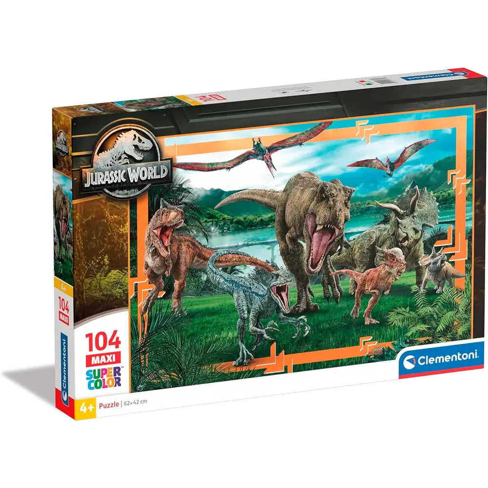 Puzzle supercolor jurassic world maxi da 104 pezzi con illustrazioni vivaci di dinosauri in paesaggio preistorico