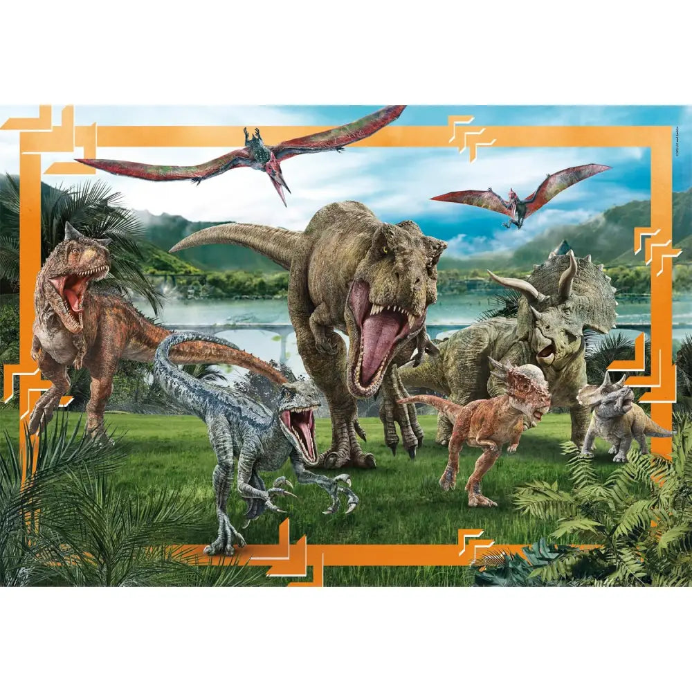 Puzzle supercolor jurassic world da 104 pezzi con scena vivace di dinosauri in paesaggio preistorico dettagliato