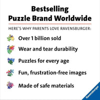 Pubblicità ravensburger puzzle barbie 100 pezzi xxl con testo nero su sfondo bianco e pezzi colorati di puzzle