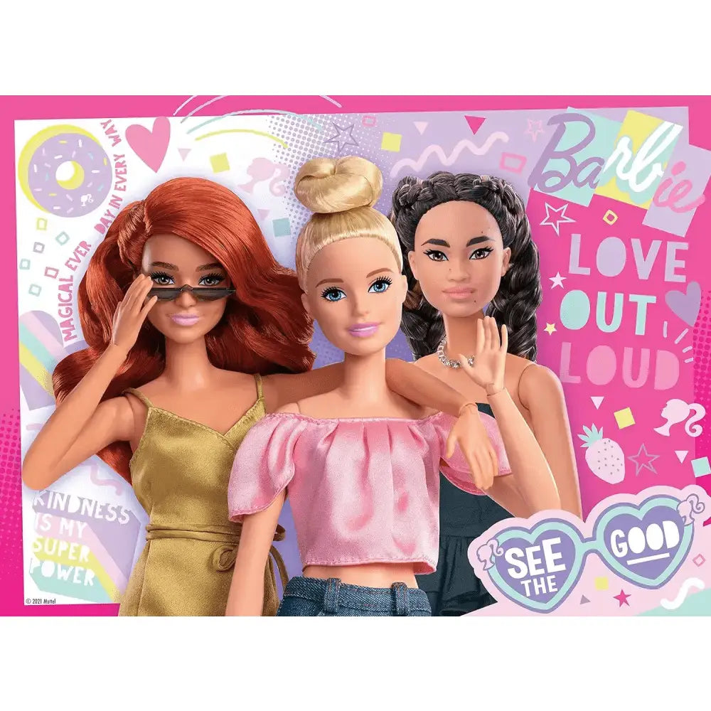 Puzzle ravensburger barbie 100 pezzi xxl con tre bambole barbie in outfit vivaci e acconciature distintive
