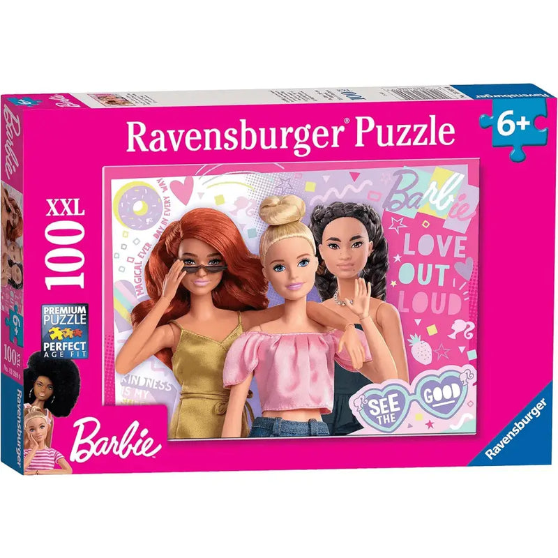 Puzzle ravensburger barbie 100 pezzi xxl con tre bambole in abiti colorati su sfondo vivace e decorato rosa