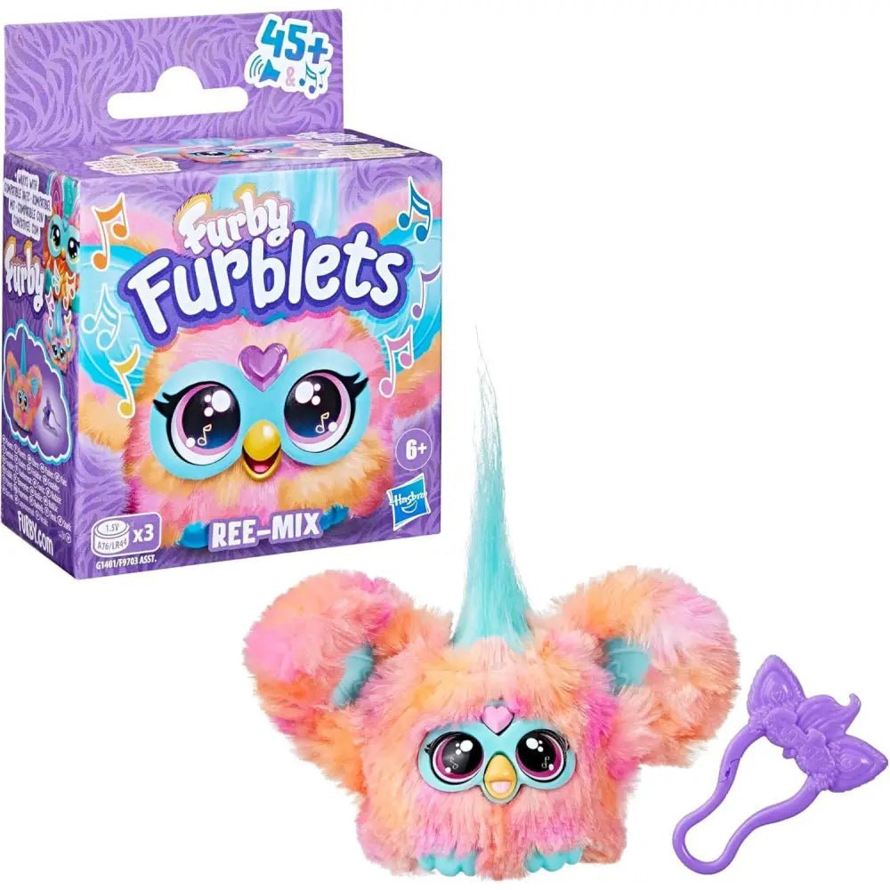 Mini peluche elettronico ree mix furby furblet con pelliccia rosa pastello, occhi grandi azzurri e corno turchese