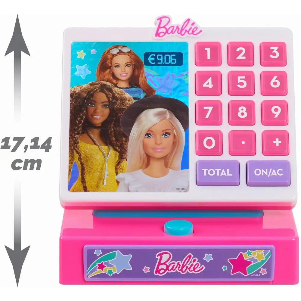 Registratore di cassa barbie trendy rosa e bianco con display colorato e tasti numero rosa per gioco infantile