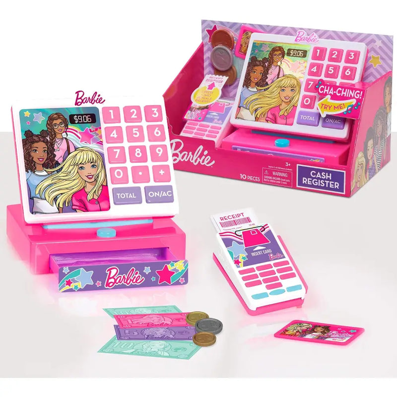 Registratore di cassa barbie trendy rosa con grafica colorata cartoon e display digitale con suoni integrati