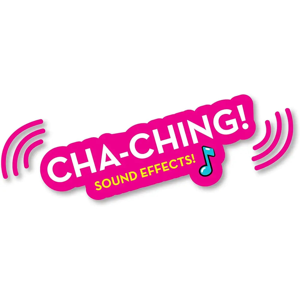 Logo pink cha-ching con lettering bianco e nota musicale blu su registratore di cassa barbie trendy con suoni