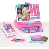 Registratore di cassa barbie trendy rosa con display colorato tastiera rosa e bianca cassetto viola con logo barbie