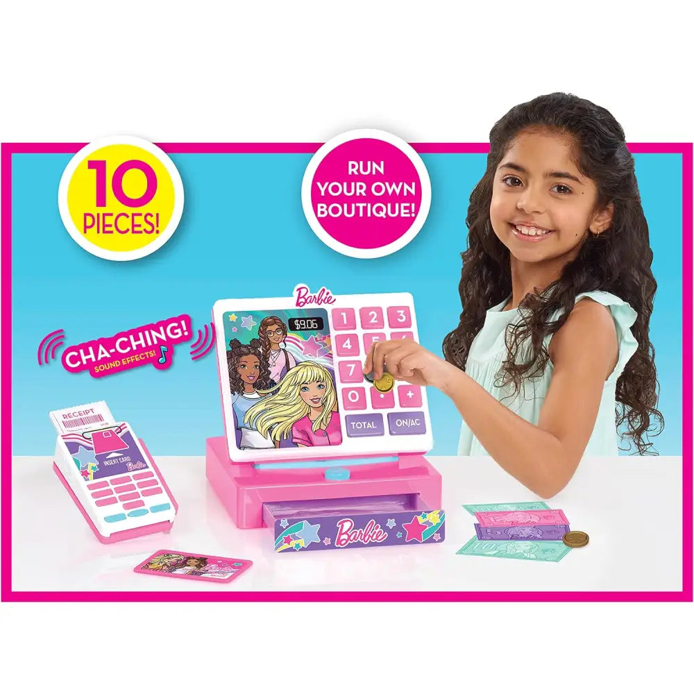 Registratore di cassa barbie trendy rosa con display digitale pulsanti colorati e design a tema stelle con suoni