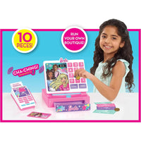 Registratore di cassa barbie trendy rosa con display digitale pulsanti colorati e design a tema stelle con suoni