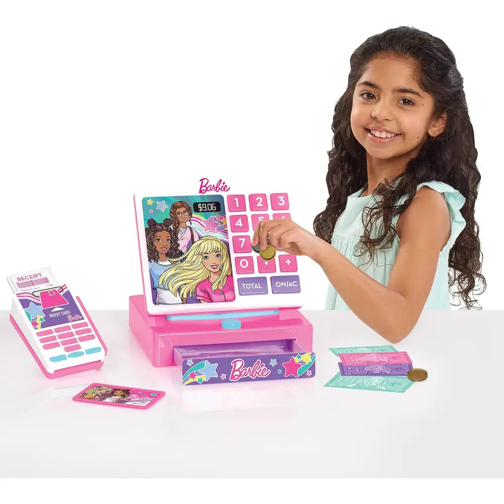Barbie trendy cassa barbie giocattolo rosa con display digitale a colori e suoni mostrando 9,06 euro