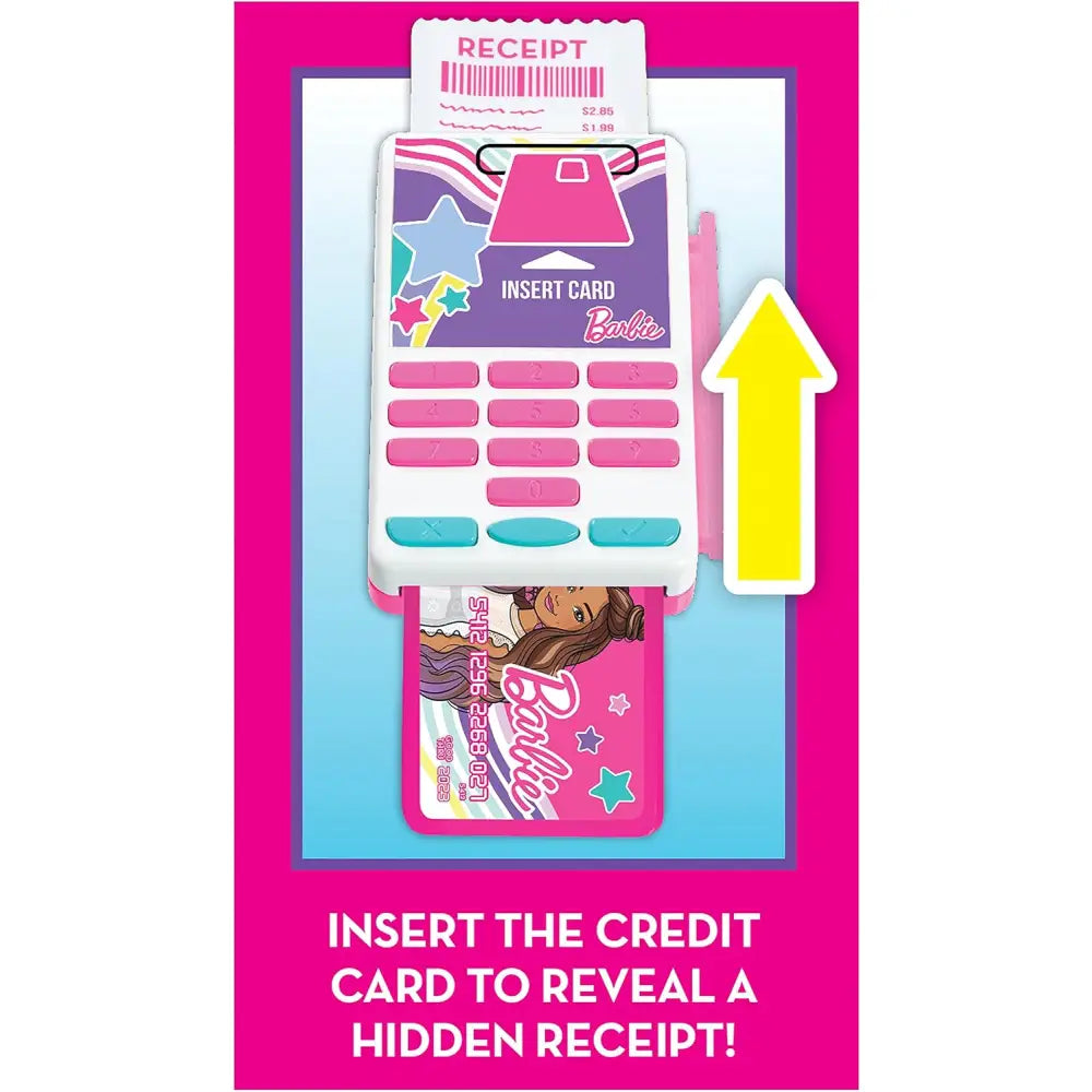 Registratore di cassa barbie trendy rosa e bianco con design cartoon sullo slot carte e suoni integrati