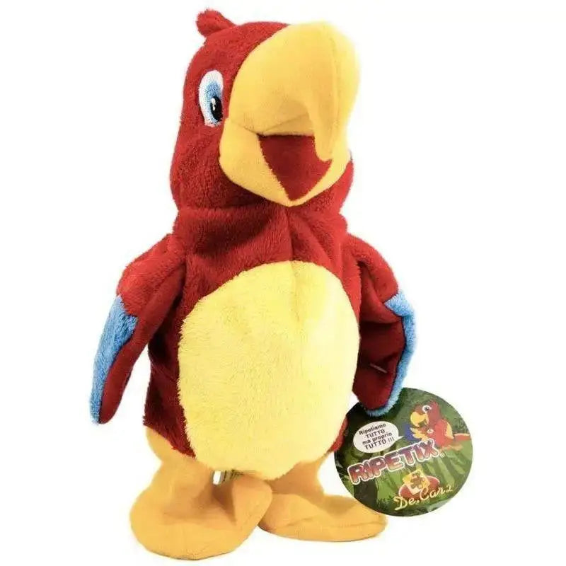 Peluche pappagallo ripetix rosso e giallo con accenti blu in tessuto morbido e occhi ricamati luminosi