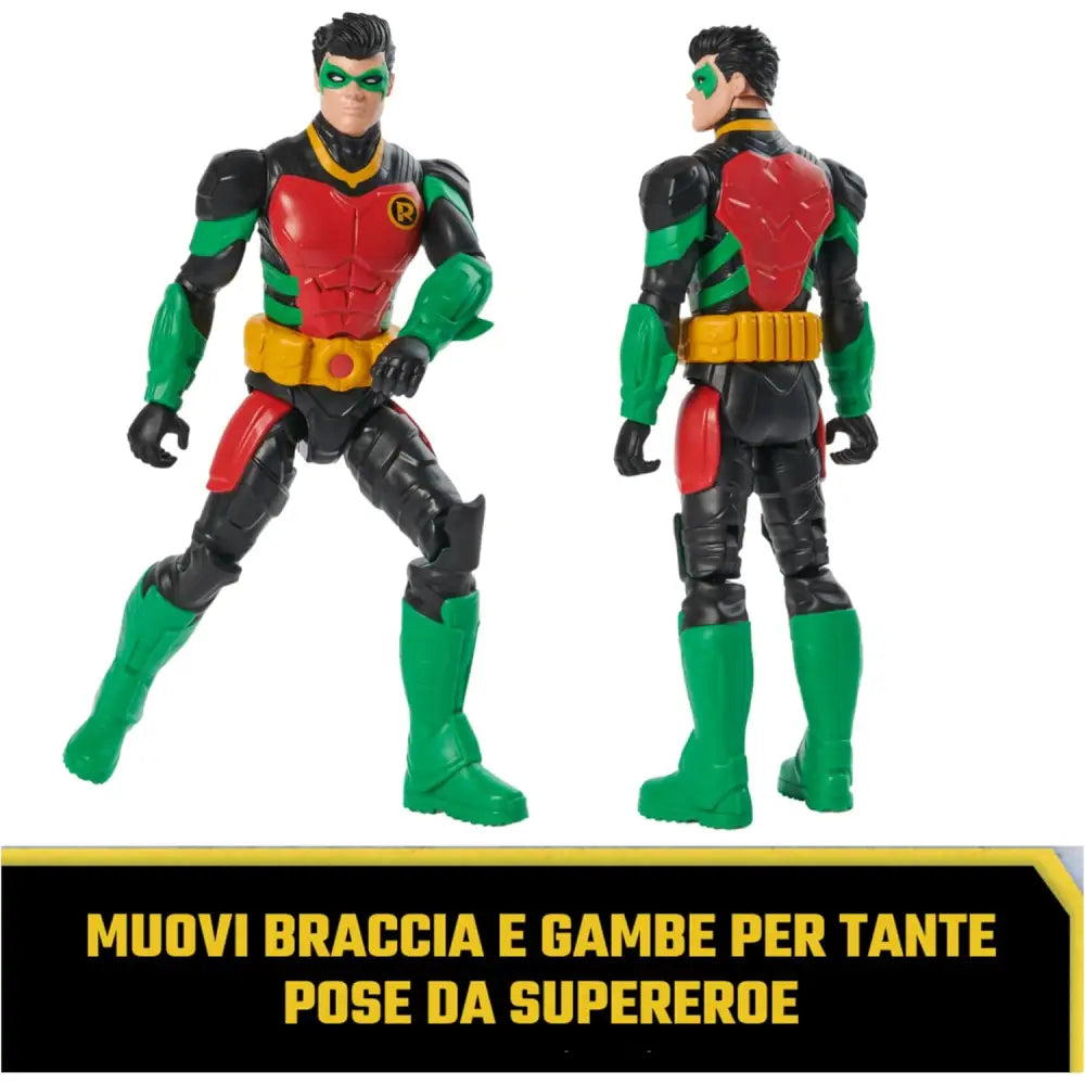 Dettagliata robin action figure dc comics 30 cm con costume nero rosso e verde e dettagli gialli su cintura e colletto