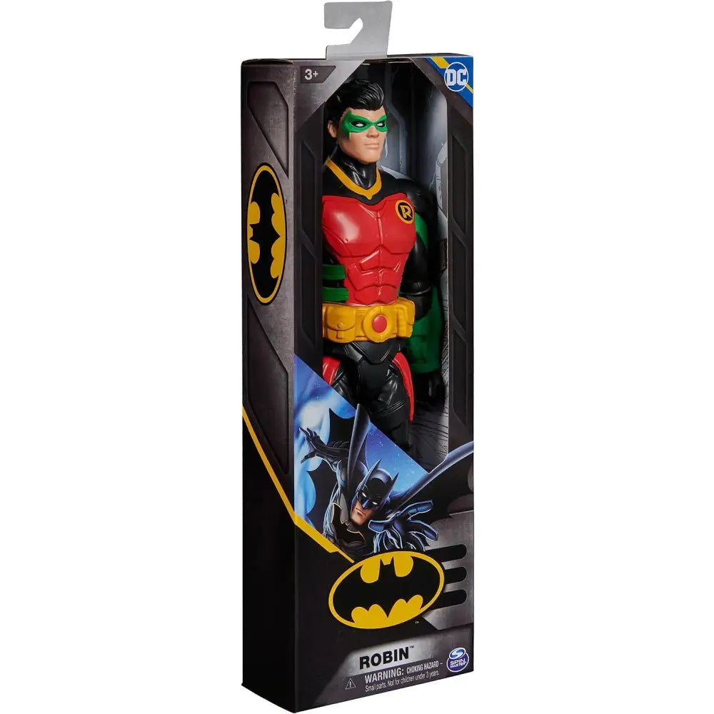 Robin action figure rosso e verde in confezione nera gialla e blu con logo dc altezza 30 cm