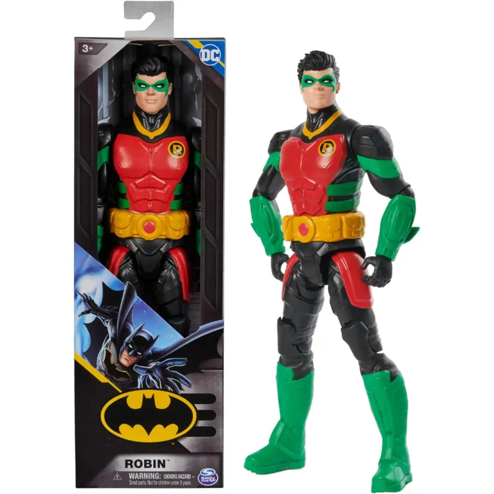 Robin action figure in red green and black plastic in dc comics packaging measuring 30 cm