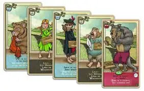 Un set di cinque carte da gioco illustrate con personaggi bizzarri in abiti colorati e in stile cartoonesco, con design distinti e tinte vivaci.
