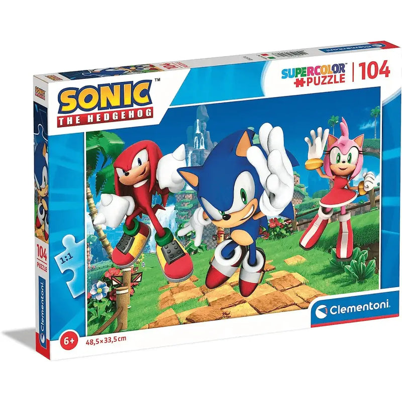 Scatola puzzle sonic supercolor blu e bianca con personaggi in giungla colorata per 104 pezzi