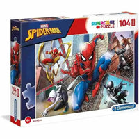 Scatola puzzle spider-man supercolor con maxi pezzi e illustrazione rossa e blu con più personaggi in posa dinamica