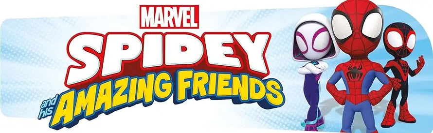 Spider-man rosso e blu, il suo amico mascherato nero e rosso e un personaggio con maschera bianca stanno insieme davanti al logo di "marvel spidey and his amazing friends".