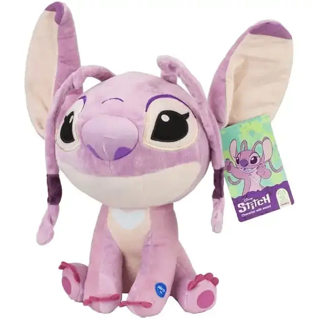 Plush pink stitch angel peluche 30 cm with purple accents and embroidered facial features