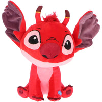 Pluche stitch rosso leroy 30 cm con corpo morbido in tessuto e orecchie viola con corna