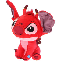 Peluche stitch rosso leroy 30 cm con orecchie viola, corna marroni e espressione ammiccante fan disney