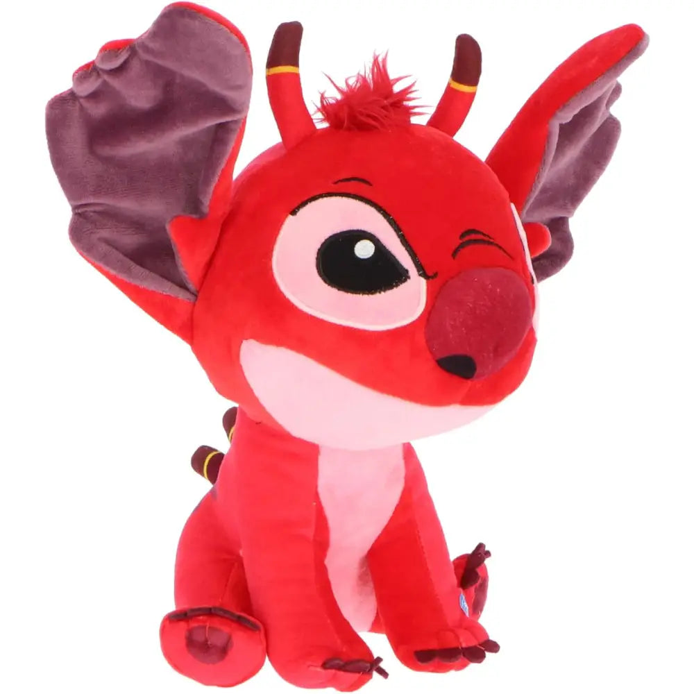 Peluche stitch rosso leroy 30 cm in tessuto morbido con ali viola, corna e espressione ammiccante