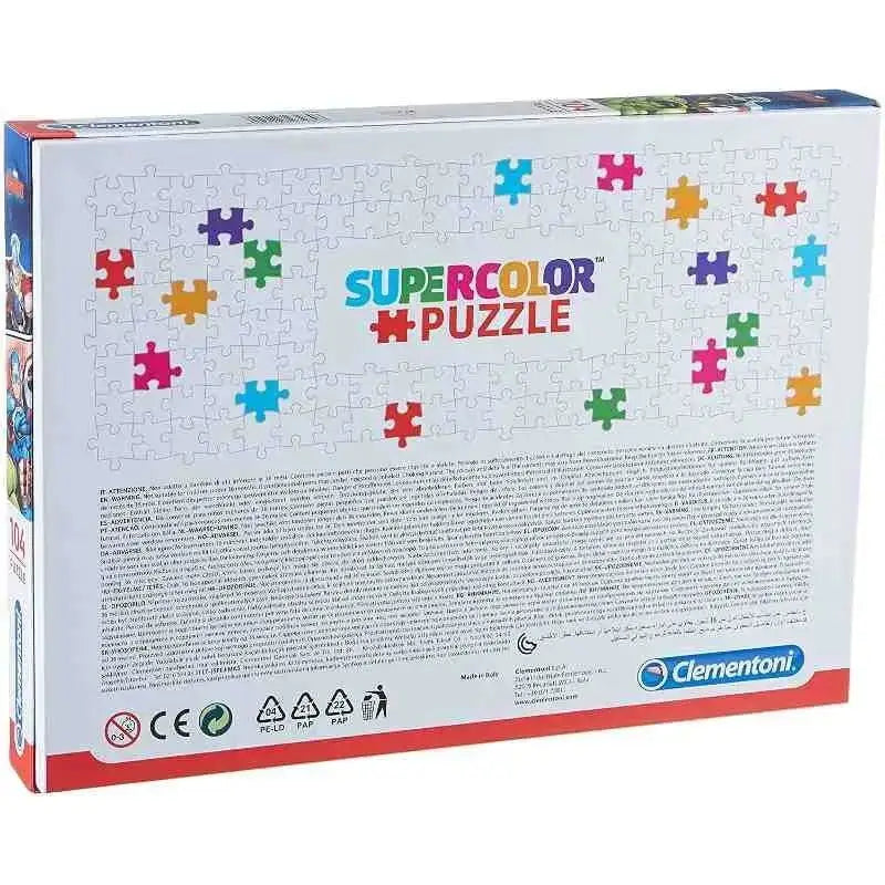 Retro della scatola colorata del puzzle supercolor the avengers da 104 pezzi con grafica multicolore e informazioni prodotto