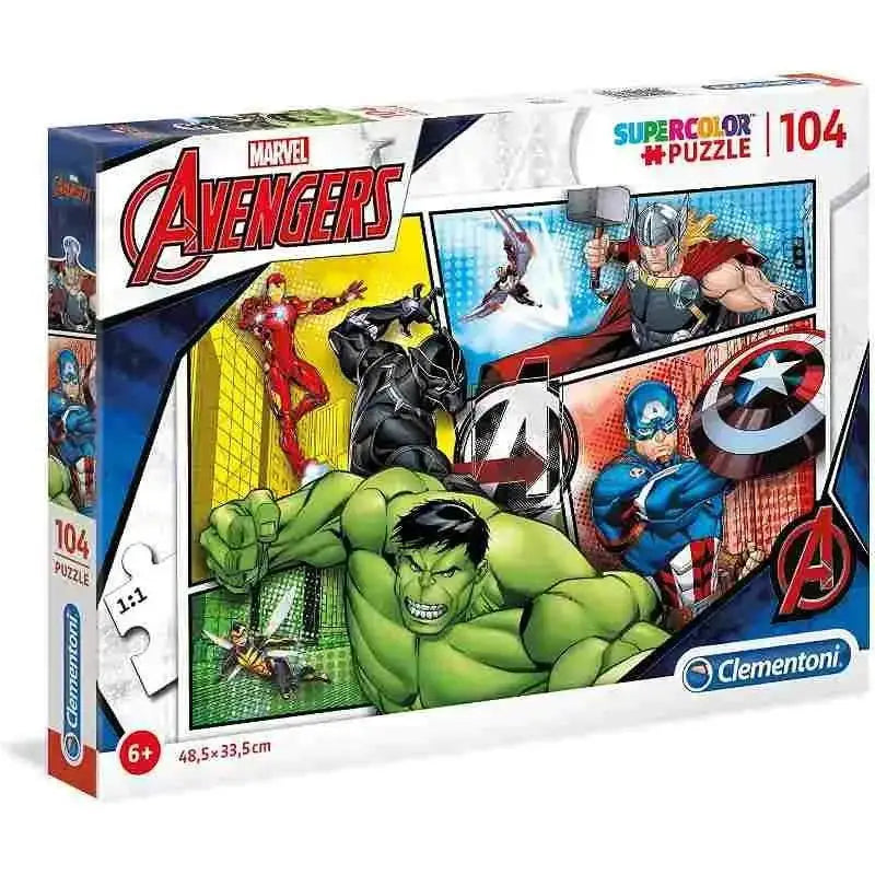 Box puzzle supercolor the avengers 104 pezzi con artwork colorato di hulk iron man thor captain america e black panther