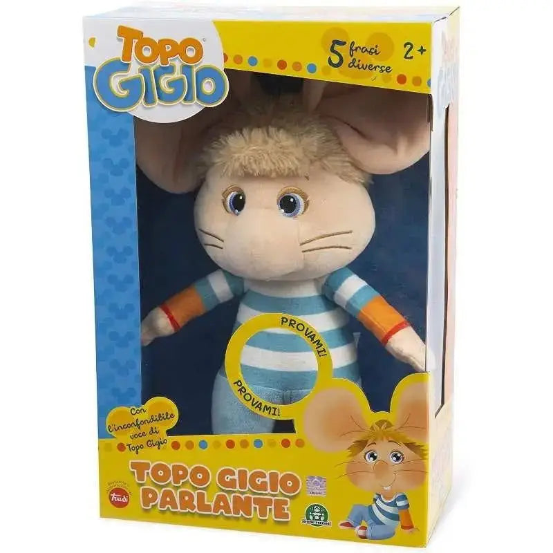 Topo gigio peluche parlante con pelliccia color crema e vestito a righe blu e bianche prodotto giochi preziosi