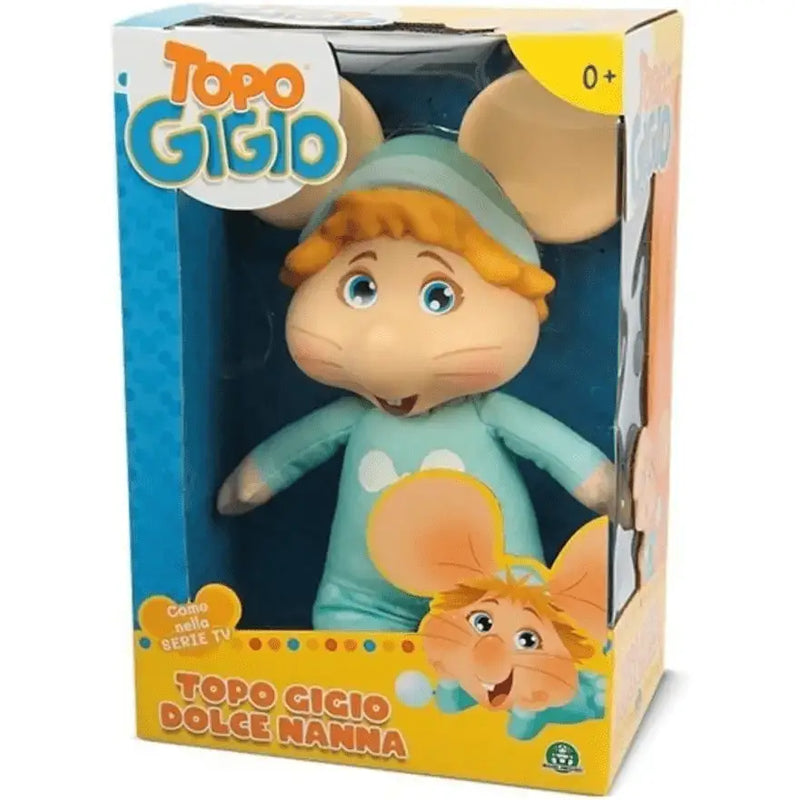 Topo Gigio dolce nanna pupazzo plush toy in light blue onesie with white polka dots and matching hat by giochi preziosi