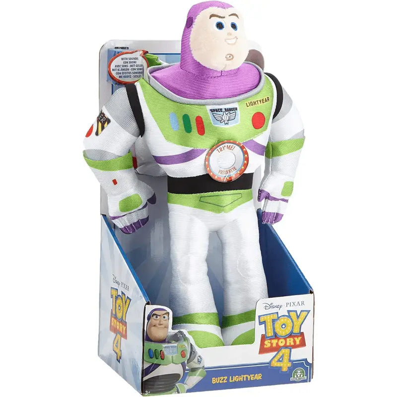 Toy story peluche buzz lightyear giocattolo in tessuto bianco verde e viola con dettagli ricamati e bottone circolare