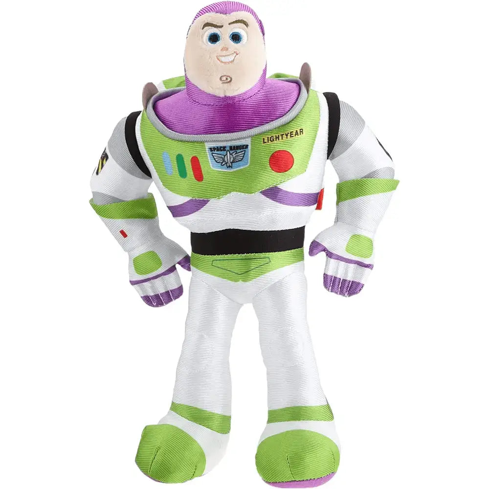 Toy story peluche buzz lightyear con tuta spaziale bianca verde e viola e dettagli ricamati come la patch space ranger