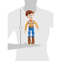 Peluche woody toy story da 14 pollici con camicia gialla a quadri, jeans blu e stivali marroni