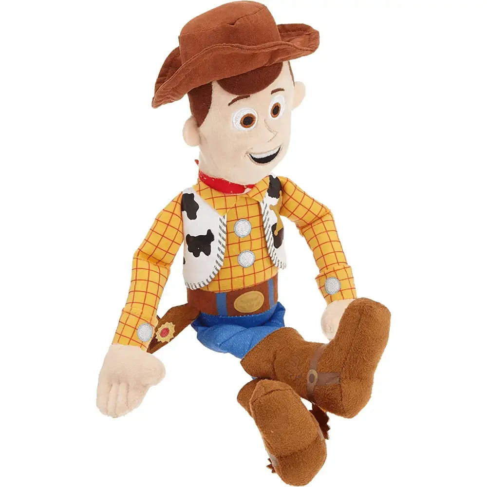 Plush toy story peluche woody with brown cowboy hat yellow plaid shirt black cow print vest and blue pants